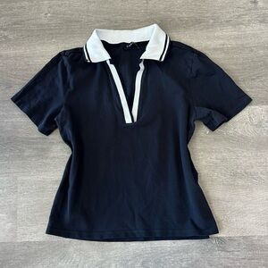 Caroll Paris Navy Polo V neck Shirt with White Collar